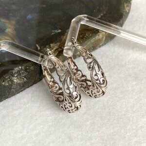 VTG Jezlaine Sterling Silver 925 Pierced Hinged Scrollwork Oval Hoop Earrings
